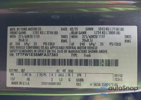 2021 Ford F-150 Xlt из США, поврежденный, VIN 1FTFW1E58MFA37383